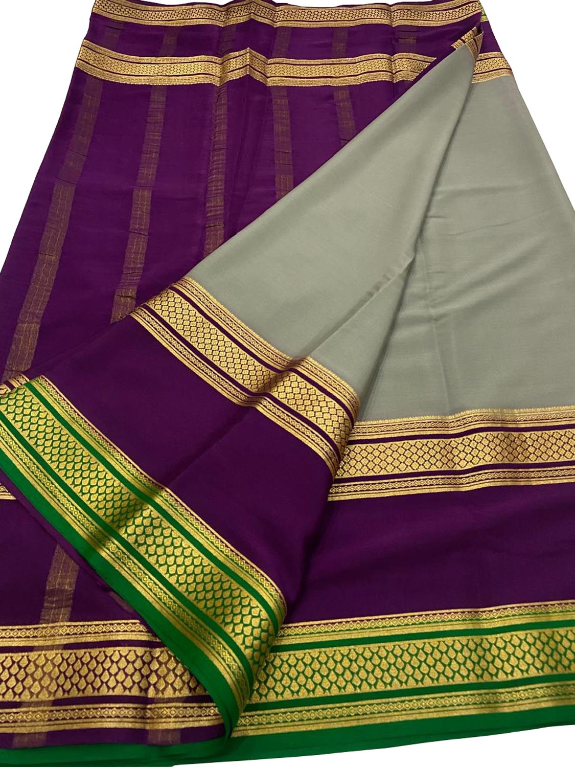 Grey & Purple Handloom Mysore Crepe Silk Saree - Luxurion World