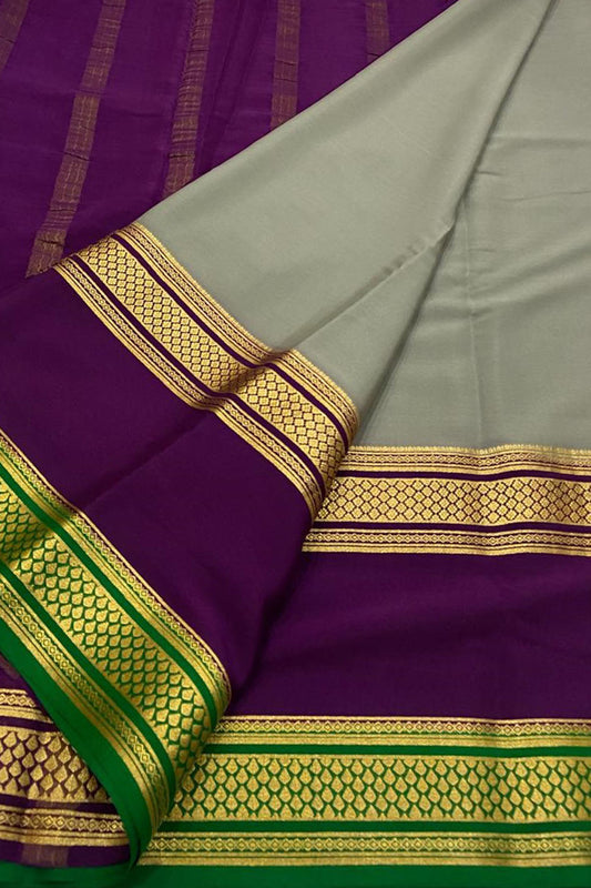 Grey & Purple Handloom Mysore Crepe Silk Saree