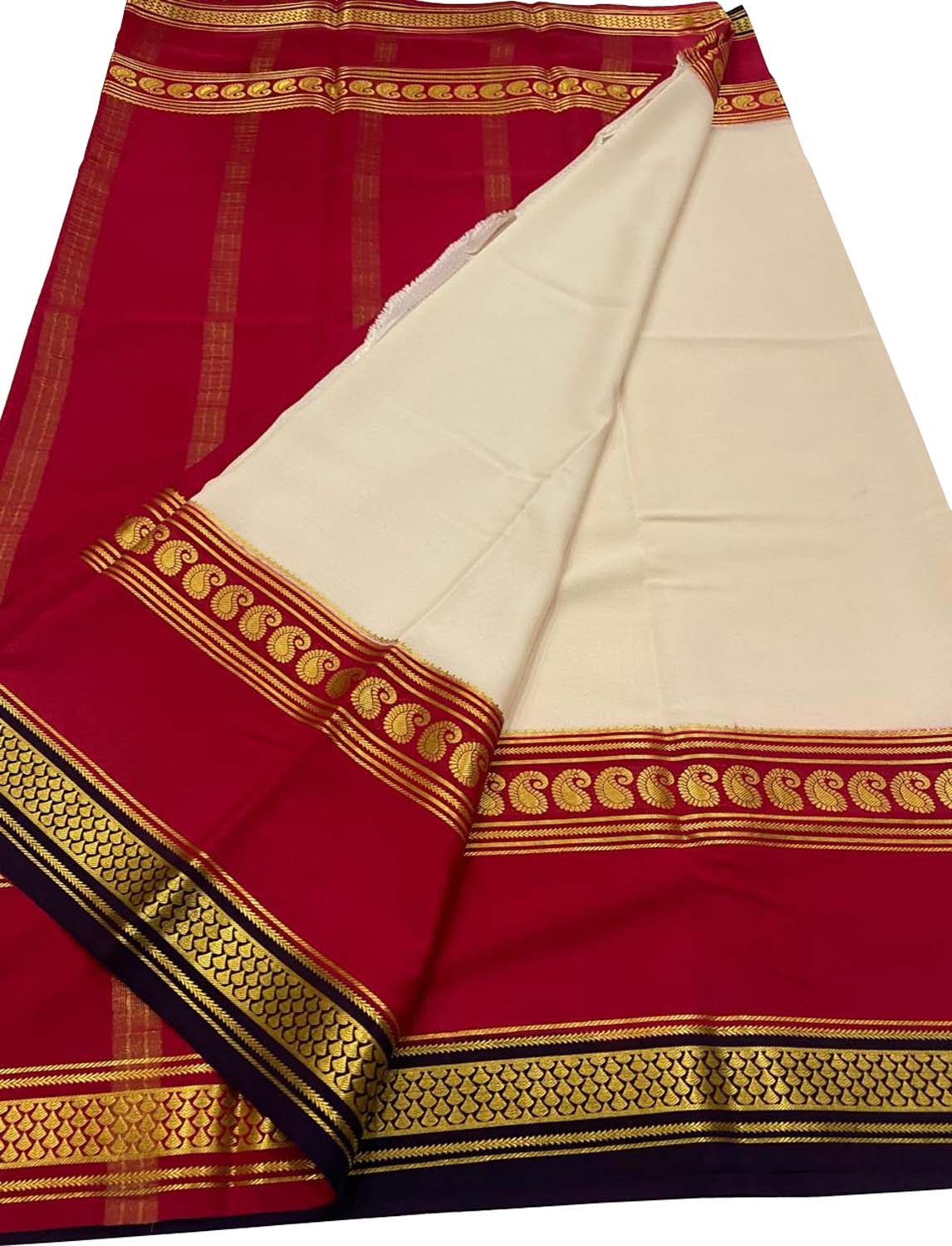 Pastel & Red Handloom Mysore Pure Crepe Silk Saree - Luxurion World