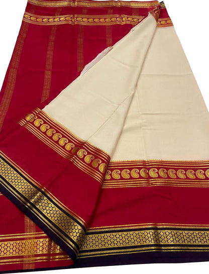 Pastel & Red Handloom Mysore Pure Crepe Silk Saree - Luxurion World