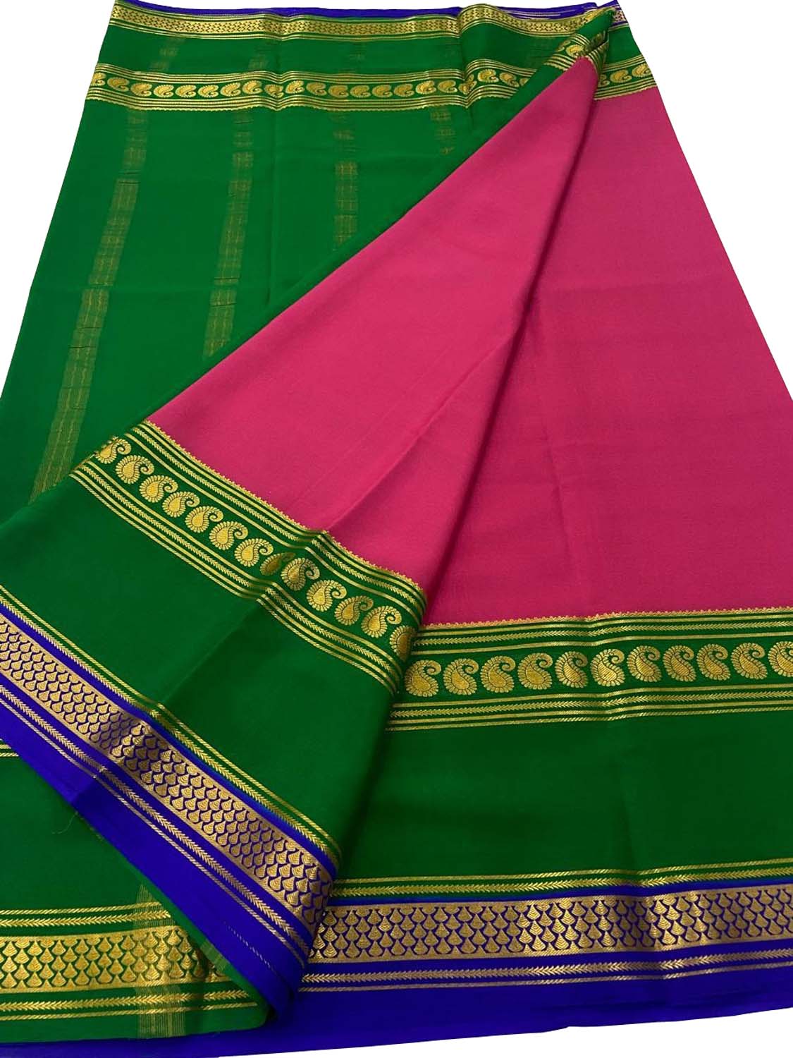 Stunning Pink & Green Handloom Mysore Silk Saree - Luxurion World