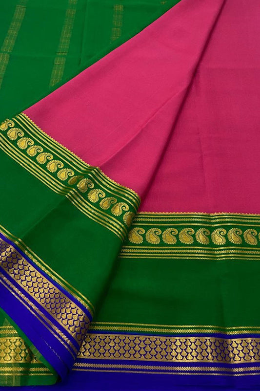 Stunning Pink & Green Handloom Mysore Silk Saree