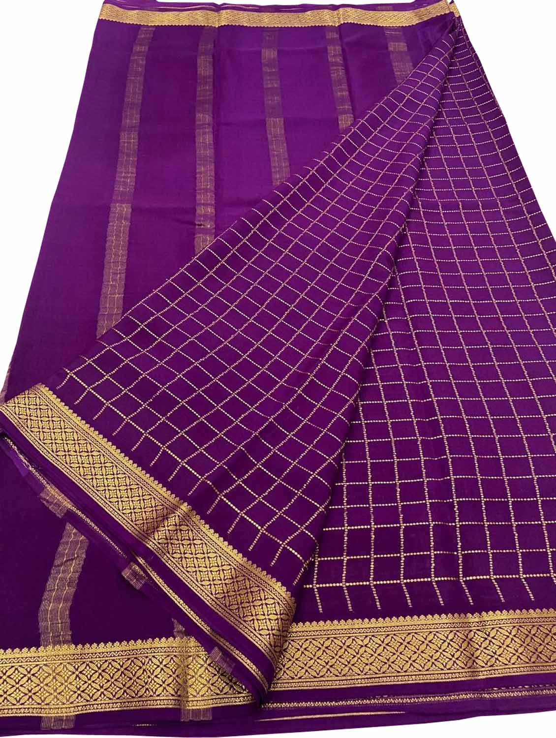 Handloom Mysore Pure Crepe Silk Checks Saree - Luxurion World