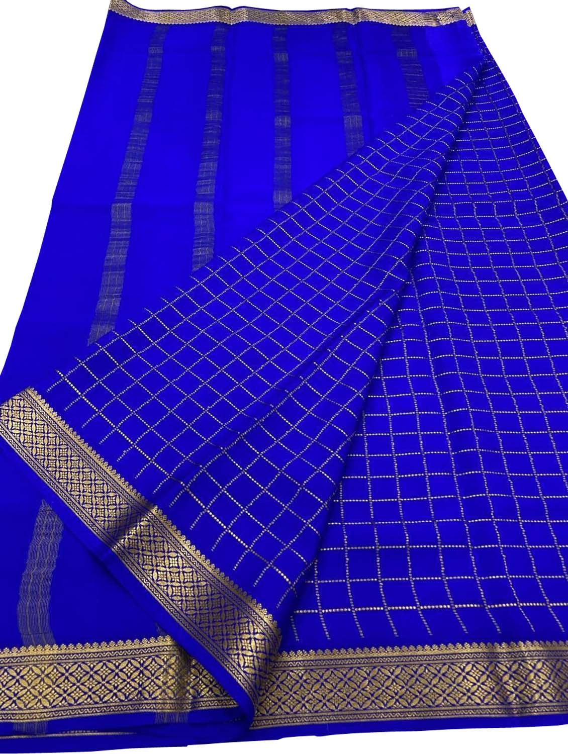Blue Handloom Mysore Silk Checks Saree - Luxurion World