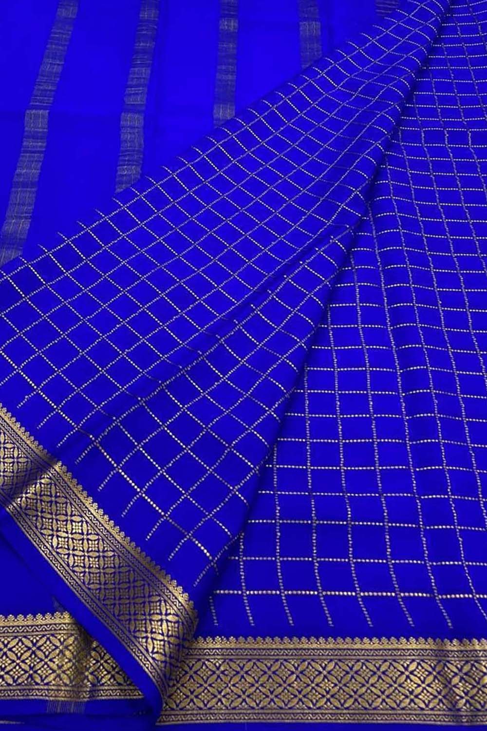 Blue Handloom Mysore Silk Checks Saree - Luxurion World
