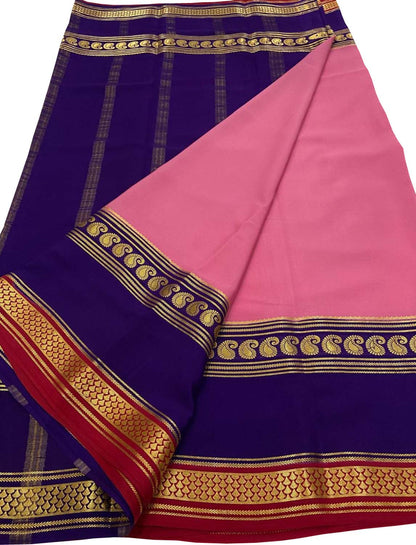 Beautiful Pink Handloom Mysore Pure Crepe Silk Saree - Luxurion World