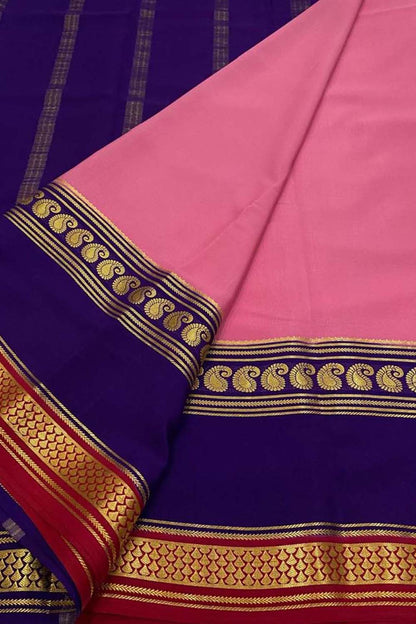 Beautiful Pink Handloom Mysore Pure Crepe Silk Saree - Luxurion World