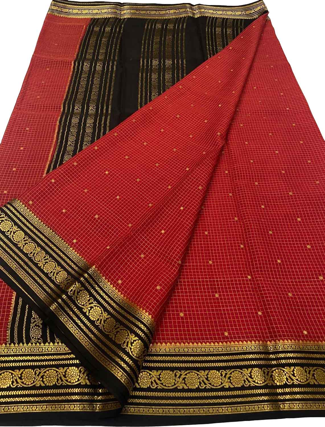 Red Handloom Mysore Crepe Silk Checks Saree - Luxurion World