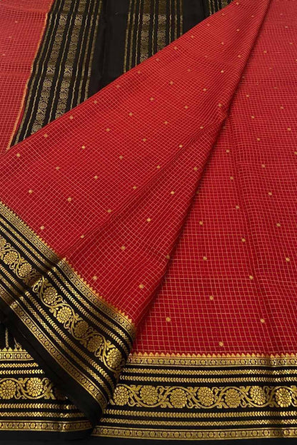 Red Handloom Mysore Crepe Silk Checks Saree - Luxurion World