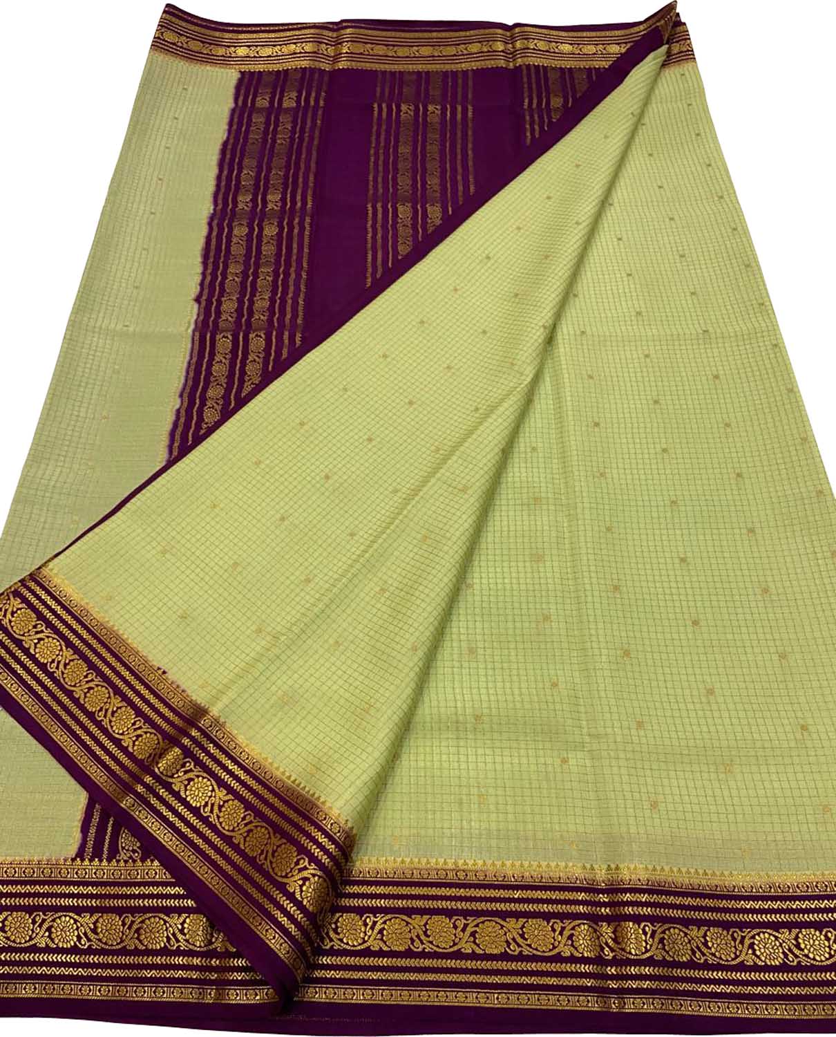 Green Handloom Mysore Pure Crepe Silk Checks Saree - Luxurion World
