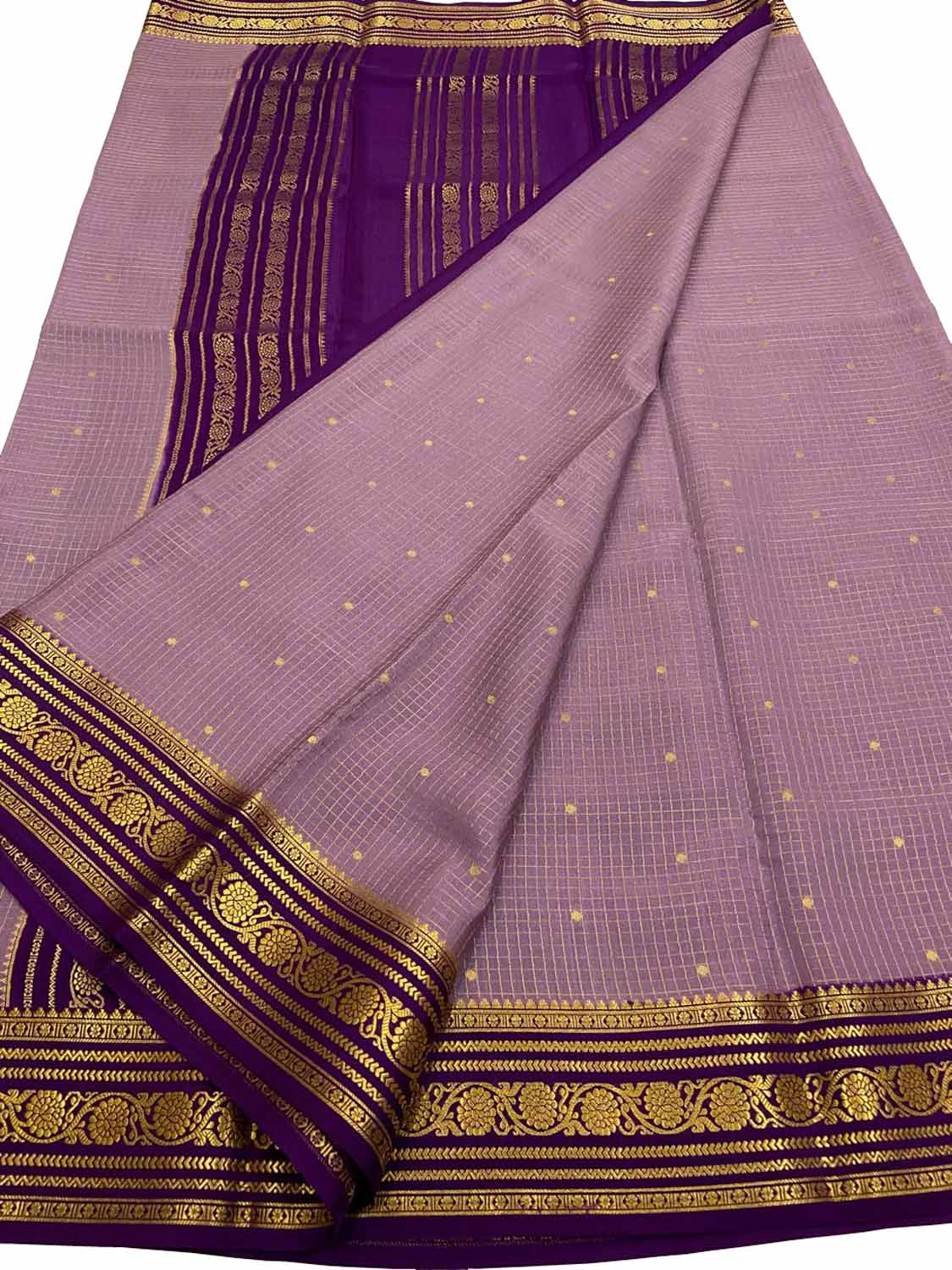 Purple Handloom Mysore Pure Crepe Silk Checks Saree - Luxurion World