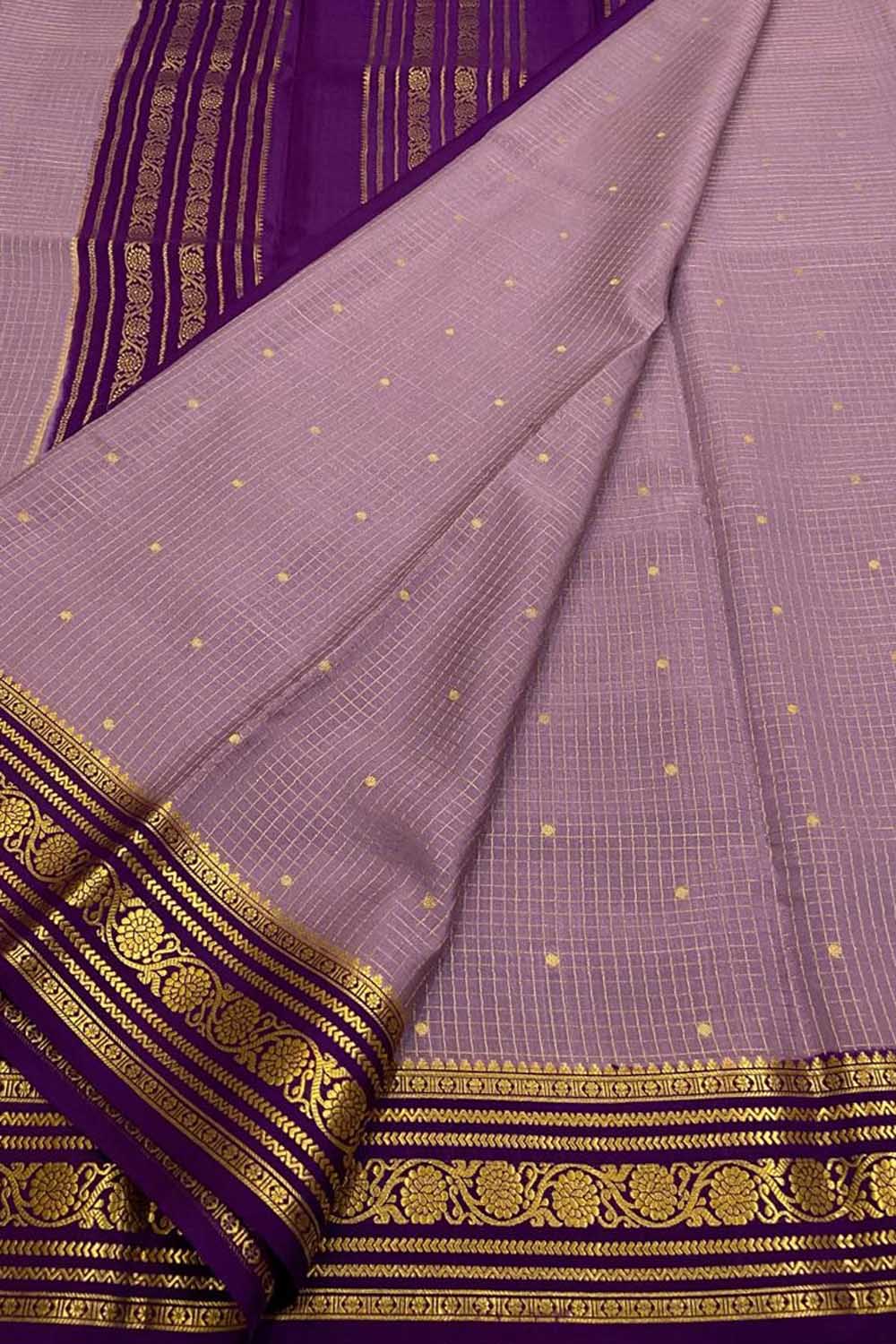 Purple Handloom Mysore Pure Crepe Silk Checks Saree - Luxurion World