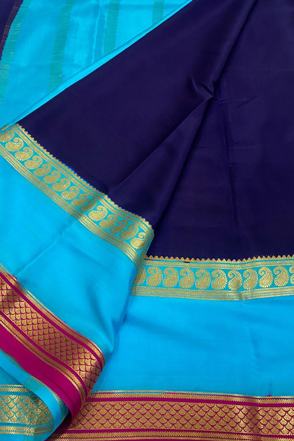 Blue Handloom Mysore Crepe Silk Saree - Classic Elegance - Luxurion World