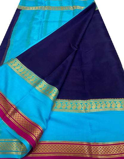 Blue Handloom Mysore Crepe Silk Saree - Classic Elegance - Luxurion World