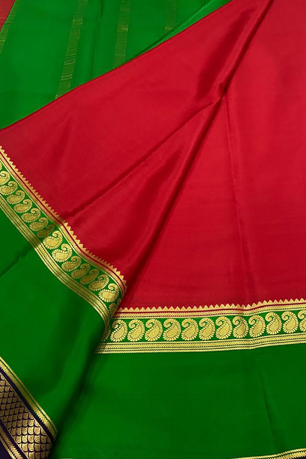 Red Handloom Mysore Crepe Silk Saree - Timeless Elegance - Luxurion World