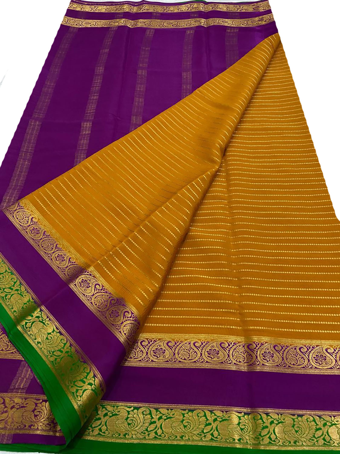 Stunning Yellow Handloom Mysore Crepe Silk Saree - Luxurion World