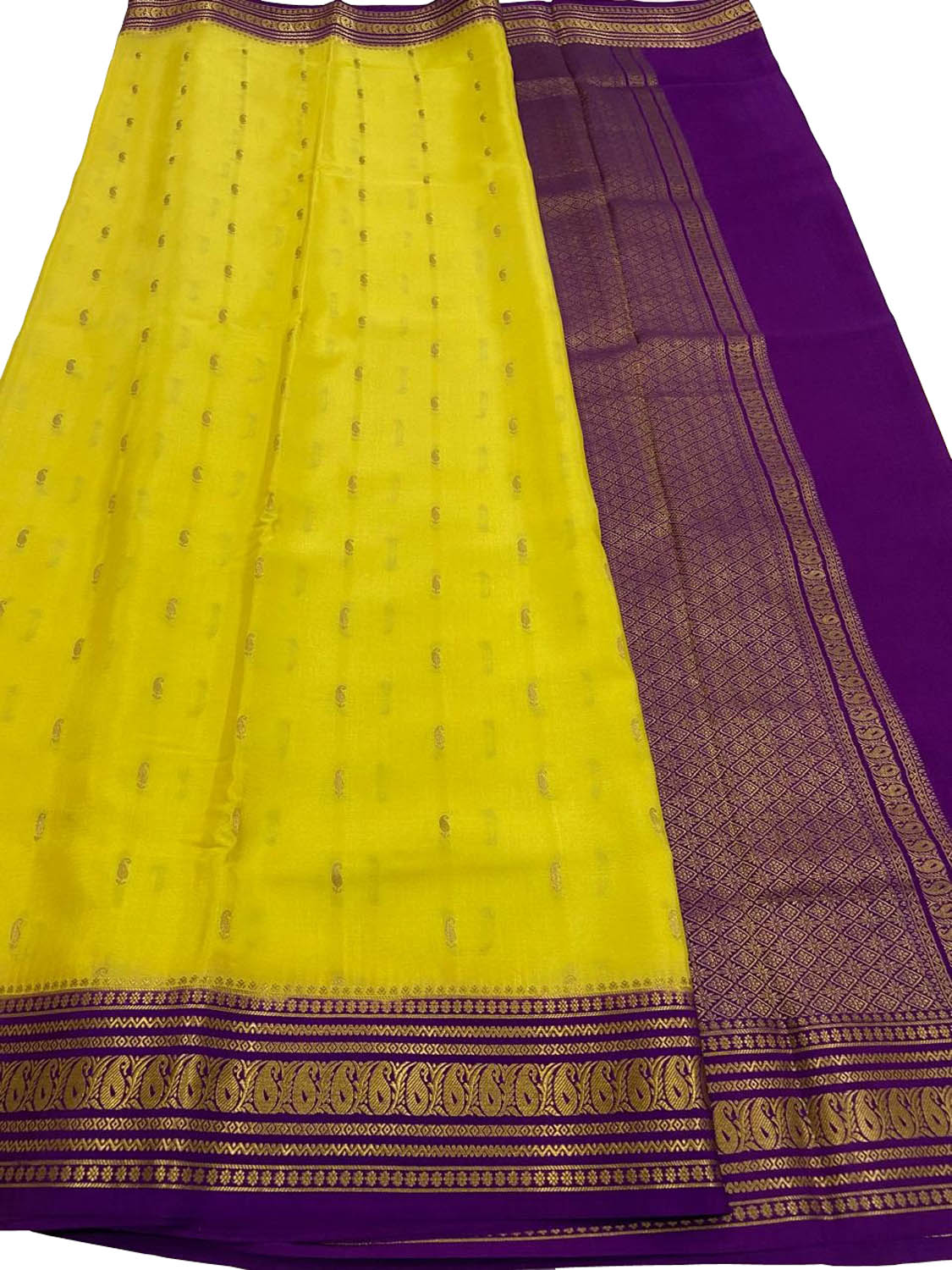 Vibrant Yellow & Purple Handloom Silk Saree - Luxurion World
