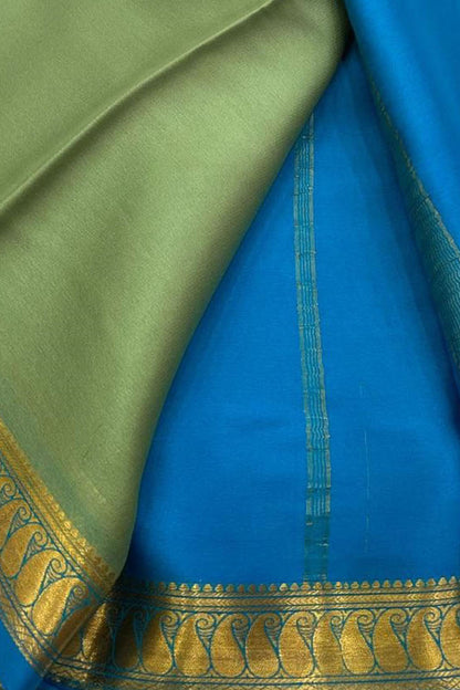 Stunning Green And Blue Pure Mysore Silk Handloom Plain Saree - Luxurion World