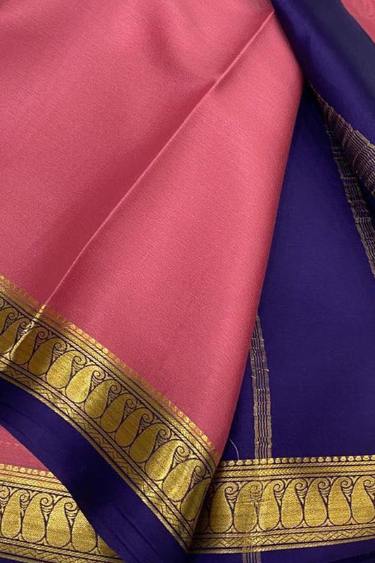 Stunning Pink And Blue Pure Mysore Silk Handloom Plain Saree - Luxurion World