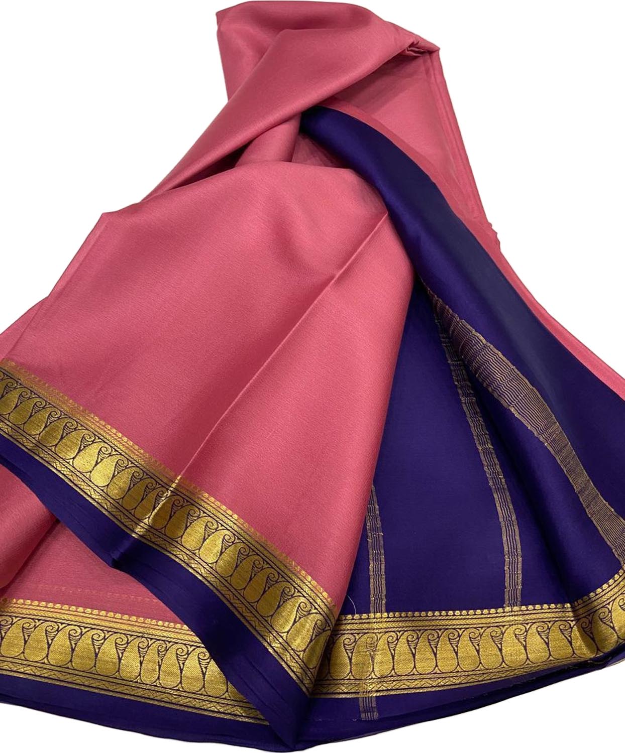Stunning Pink And Blue Pure Mysore Silk Handloom Plain Saree - Luxurion World