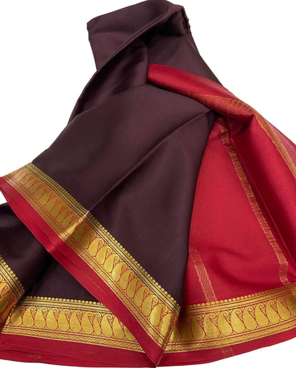 Stunning Maroon And Red Pure Mysore Silk Handloom Plain Saree - Luxurion World
