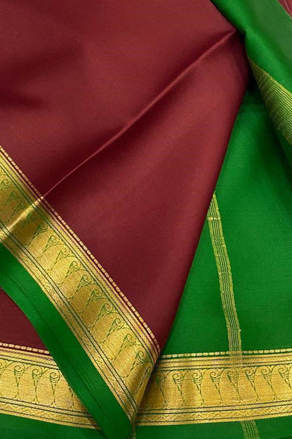 Stunning Maroon And Green Pure Mysore Silk Handloom Plain Saree - Luxurion World