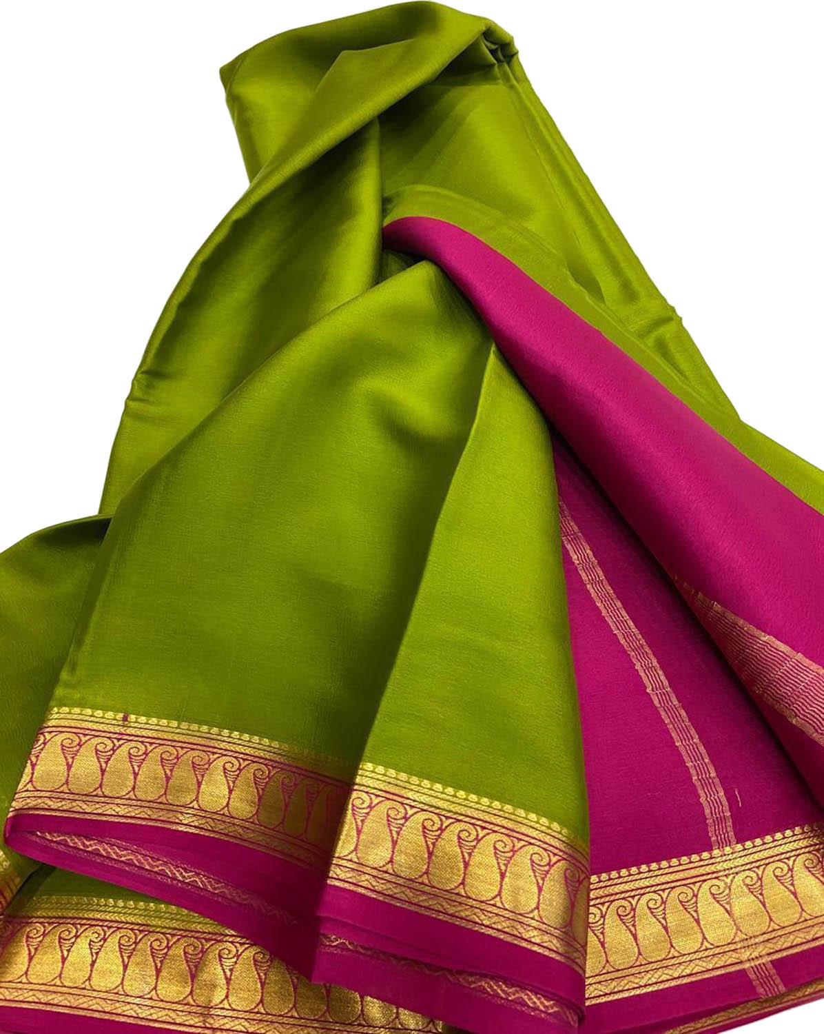 Green And Pink Pure Mysore Silk Handloom Plain Saree - Luxurion World