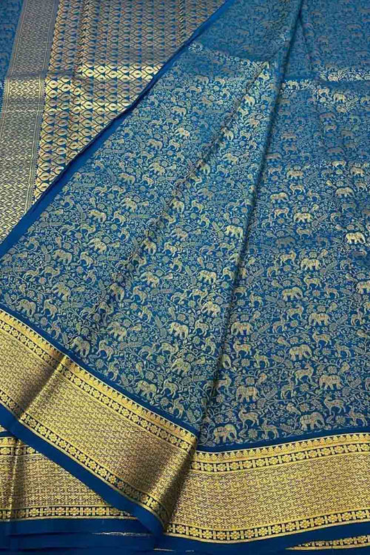 Elegant Blue Pure Mysore Silk Handloom Heavy Work Saree - Luxurion World