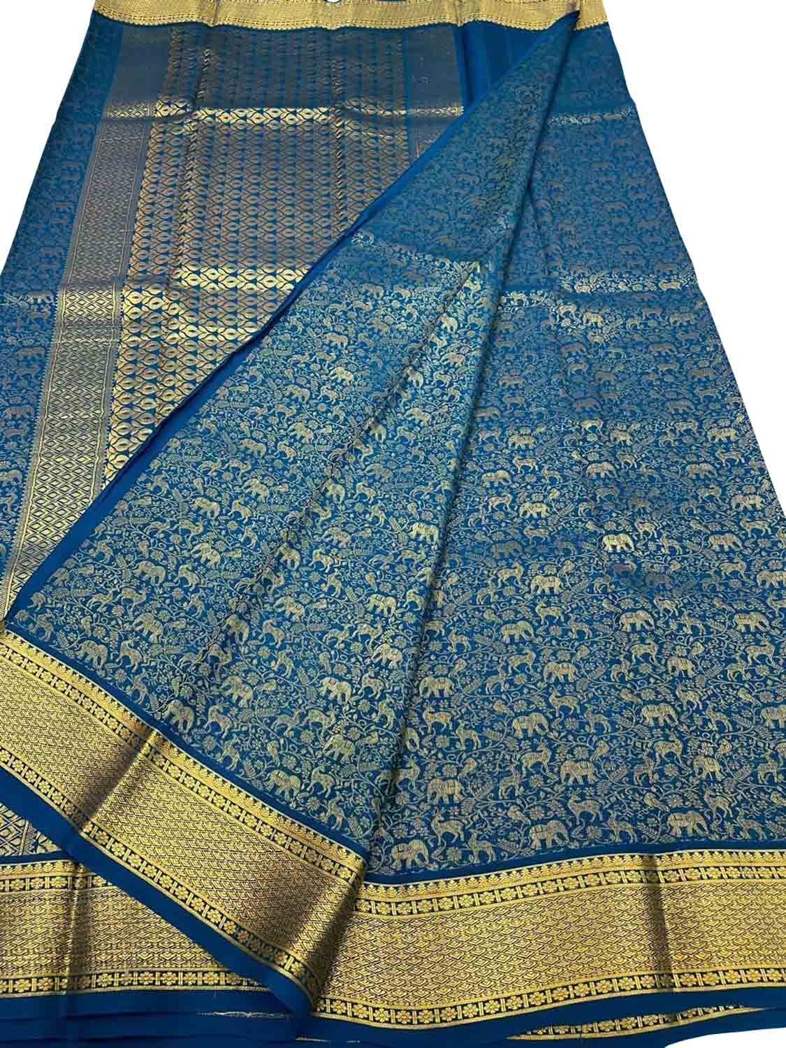 Elegant Blue Pure Mysore Silk Handloom Heavy Work Saree - Luxurion World