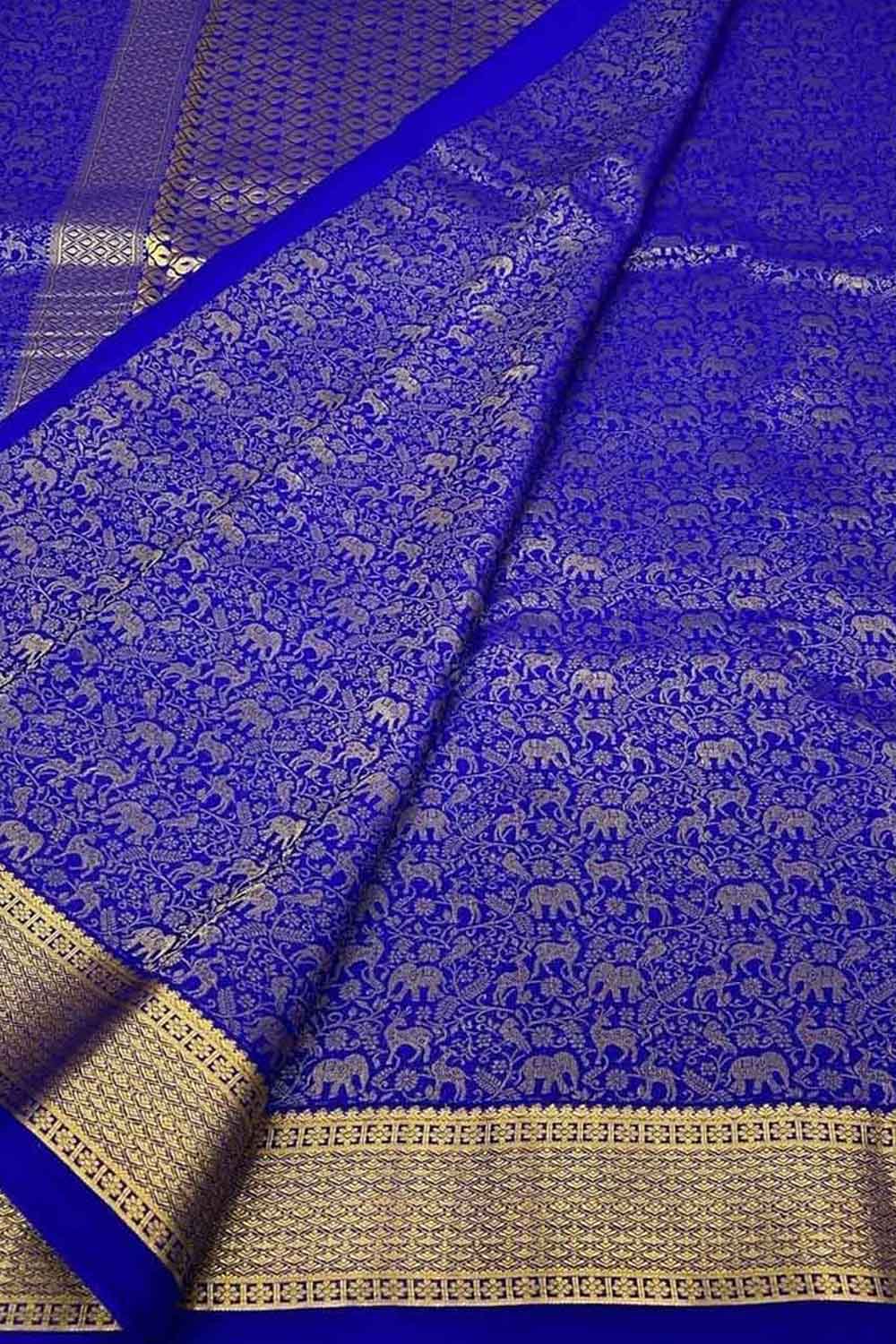 Elegant Blue Pure Mysore Silk Handloom Heavy Work Saree - Luxurion World