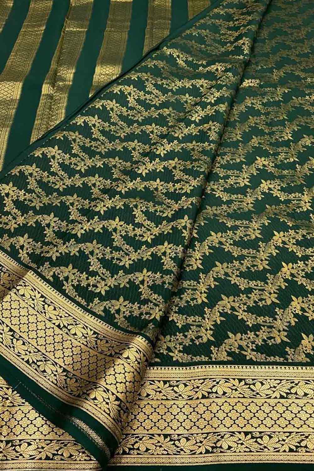 Exquisite Green Pure Mysore Silk Handloom Heavy Work Saree - Luxurion World