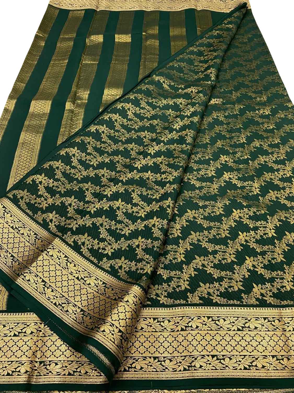 Exquisite Green Pure Mysore Silk Handloom Heavy Work Saree - Luxurion World