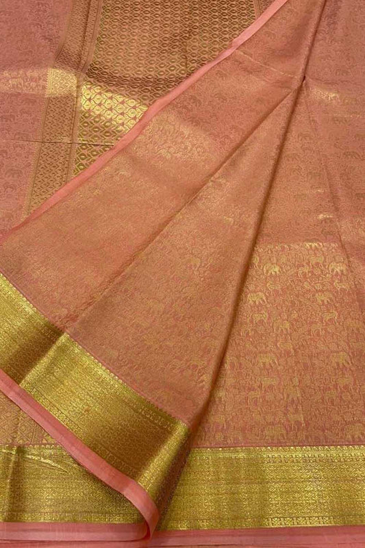 Elegant Peach Pure Mysore Silk Handloom Heavy Work Saree - Luxurion World