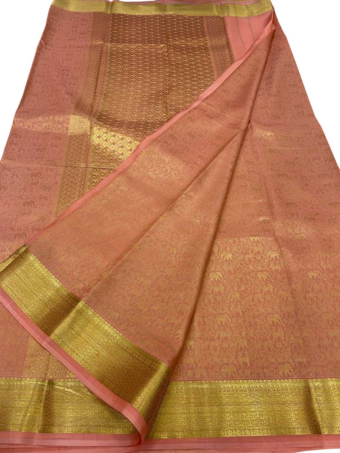 Elegant Peach Pure Mysore Silk Handloom Heavy Work Saree - Luxurion World