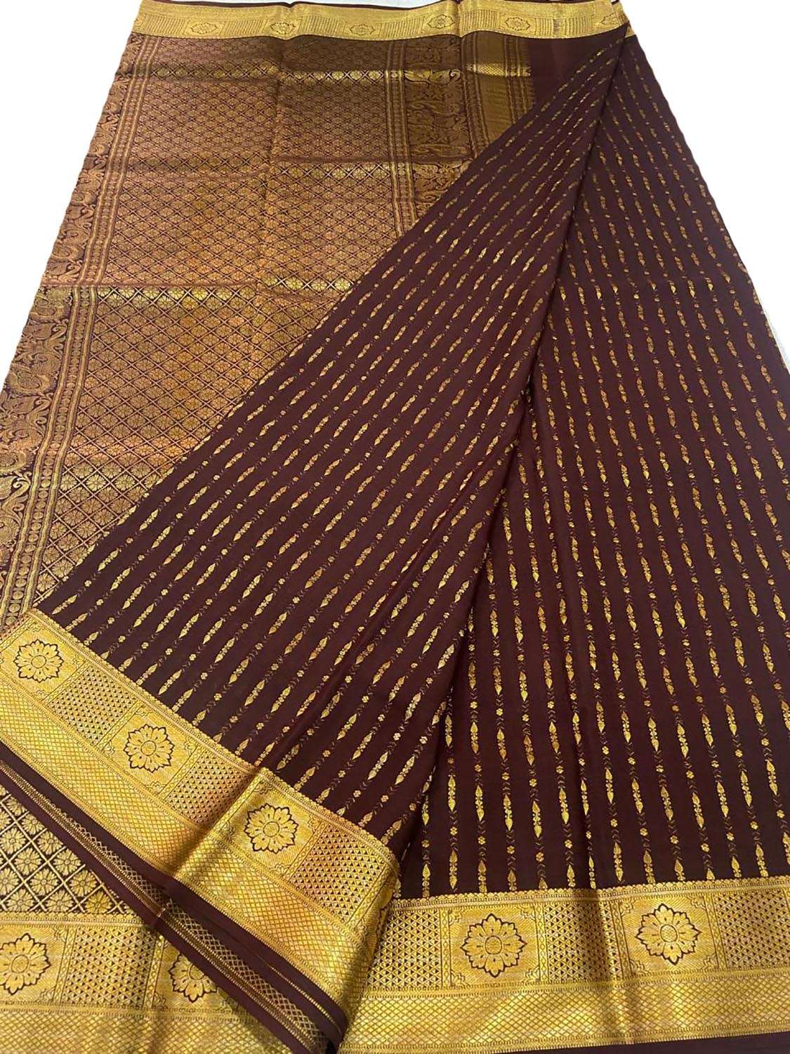 Elegant Brown Handloom Mysore Crepe Silk Saree - Luxurion World
