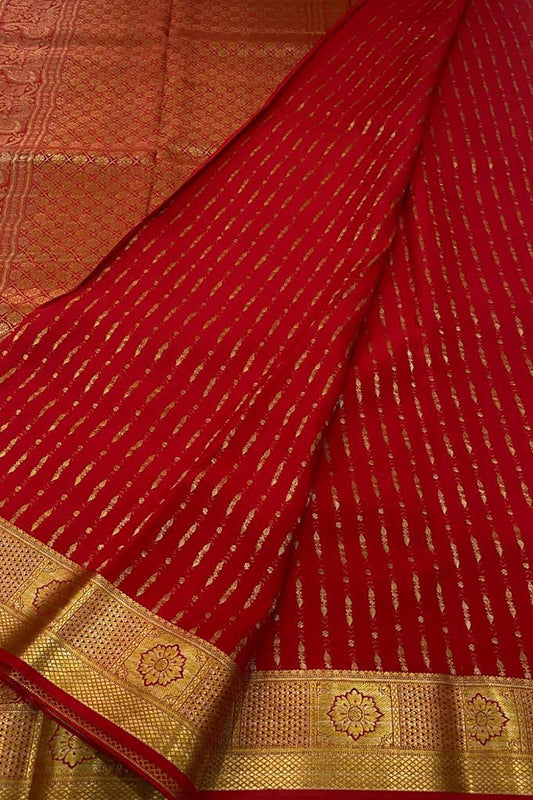 Handloom Mysore Crepe Silk Saree in Red - Luxurion World