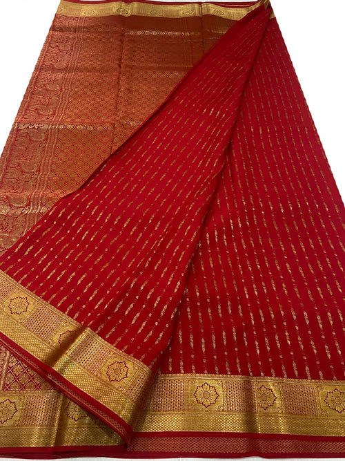 Handloom Mysore Crepe Silk Saree in Red - Luxurion World