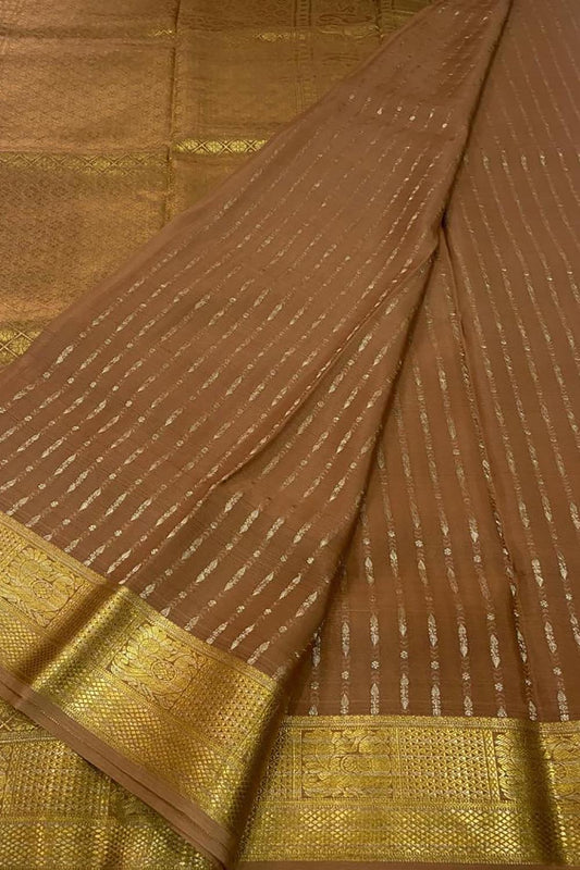 Elegant Brown Handloom Mysore Crepe Silk Saree - Luxurion World
