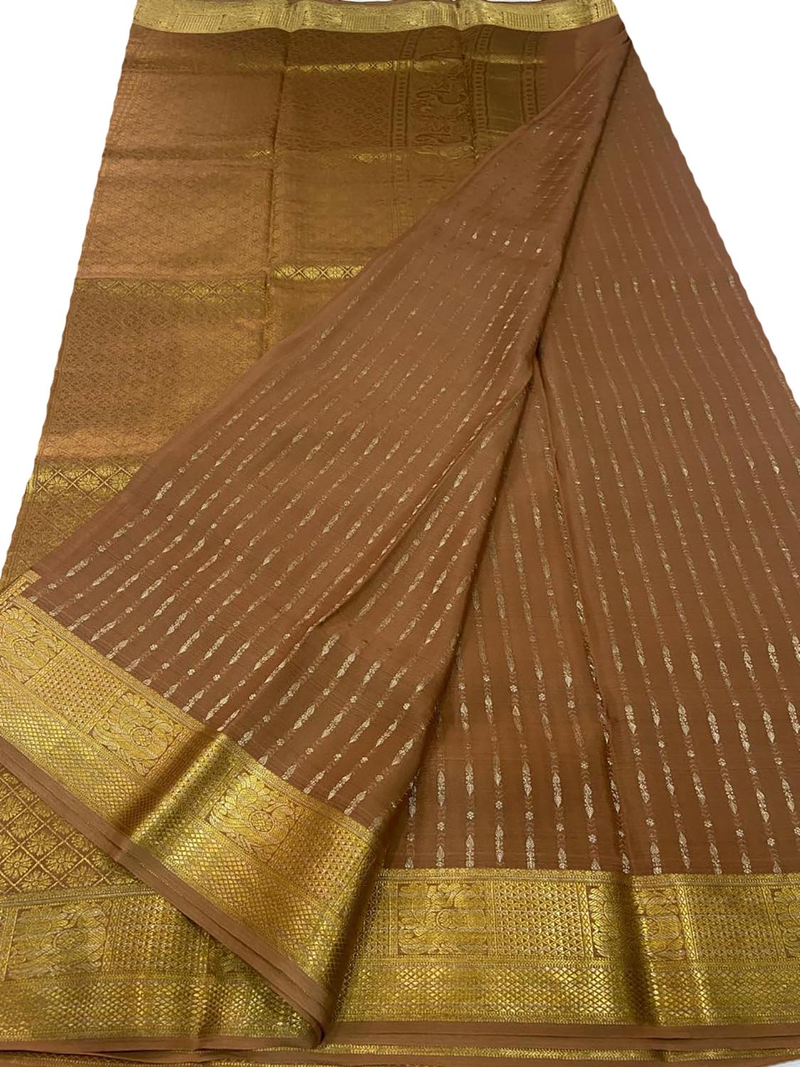 Elegant Brown Handloom Mysore Crepe Silk Saree - Luxurion World