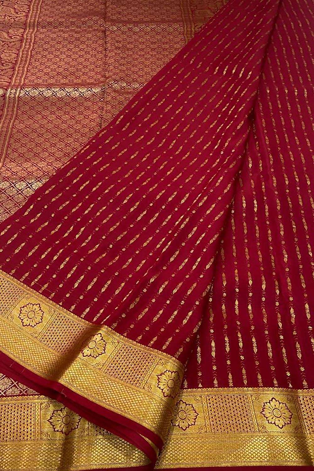 Vibrant Red Handloom Mysore Crepe Silk Saree - Luxurion World
