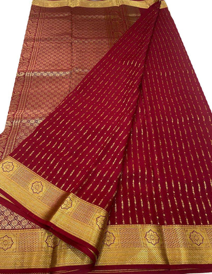 Vibrant Red Handloom Mysore Crepe Silk Saree - Luxurion World