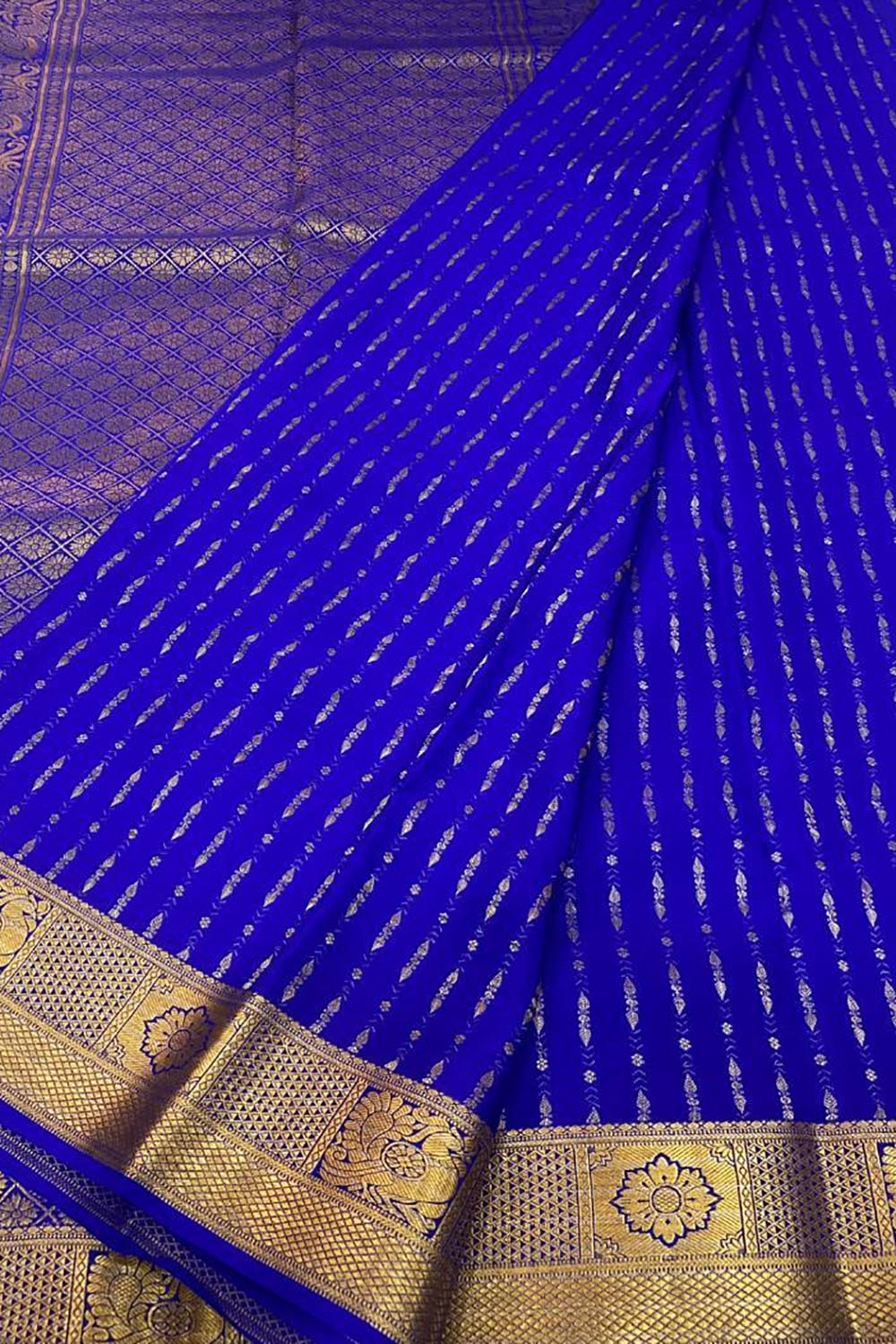 Royal Blue Handloom Mysore Crepe Silk Saree - Luxurion World