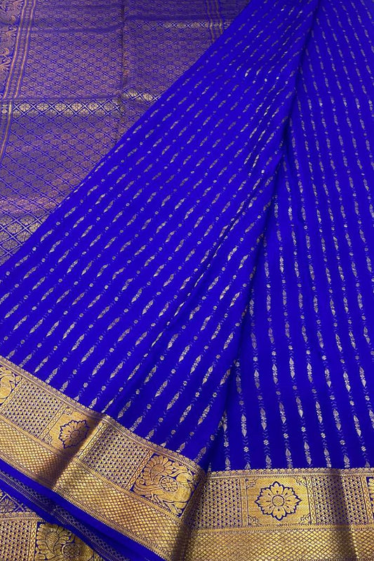 Royal Blue Handloom Mysore Crepe Silk Saree - Luxurion World