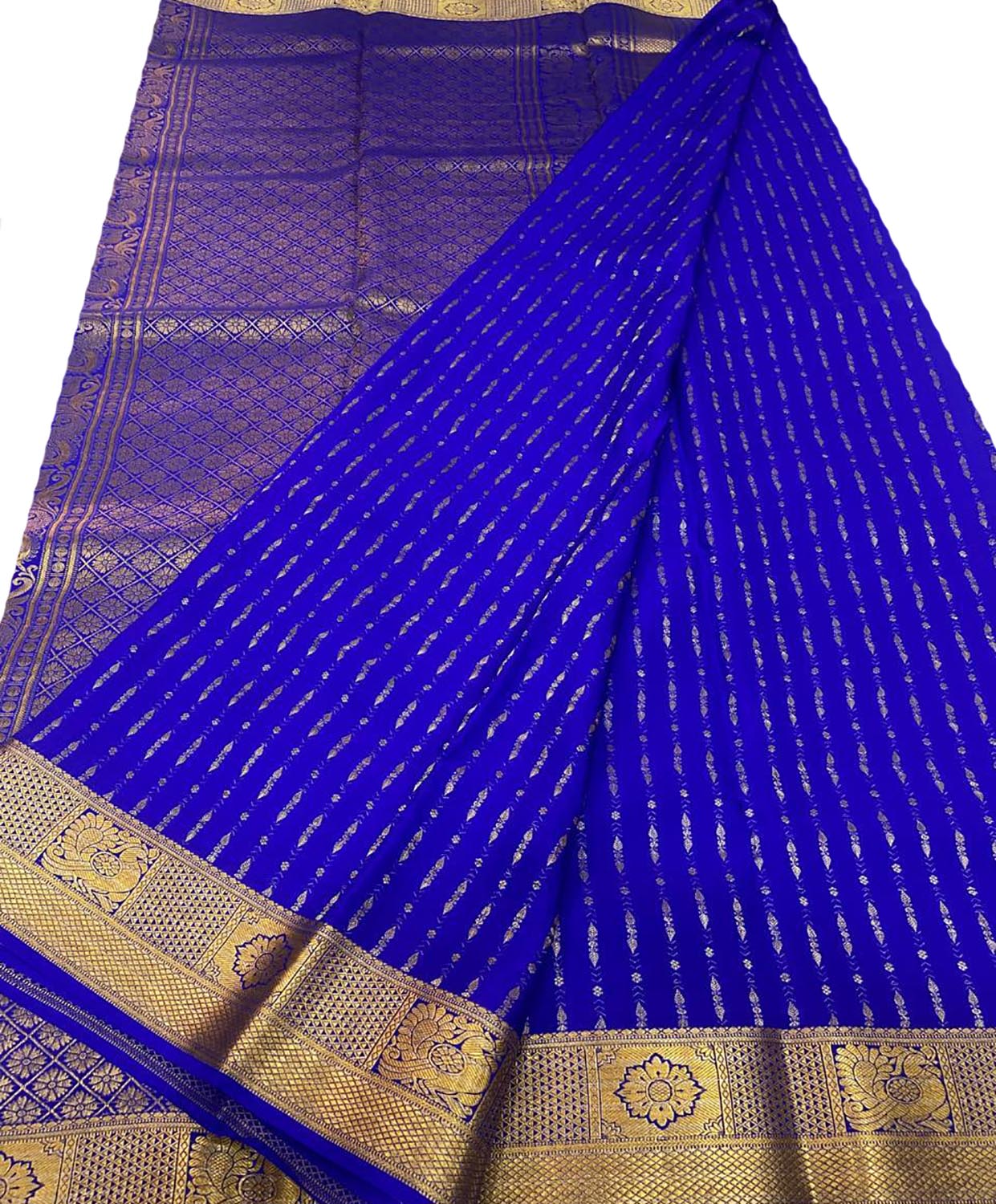 Royal Blue Handloom Mysore Crepe Silk Saree - Luxurion World
