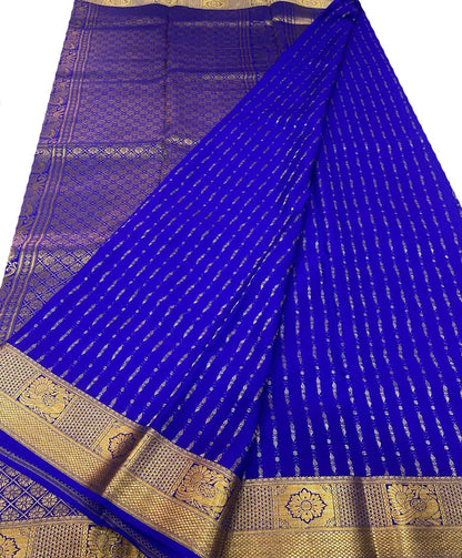Royal Blue Handloom Mysore Crepe Silk Saree - Luxurion World