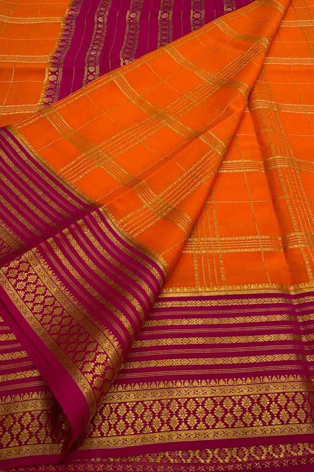 Orange Handloom Mysore Crepe Silk Saree - Luxurion World