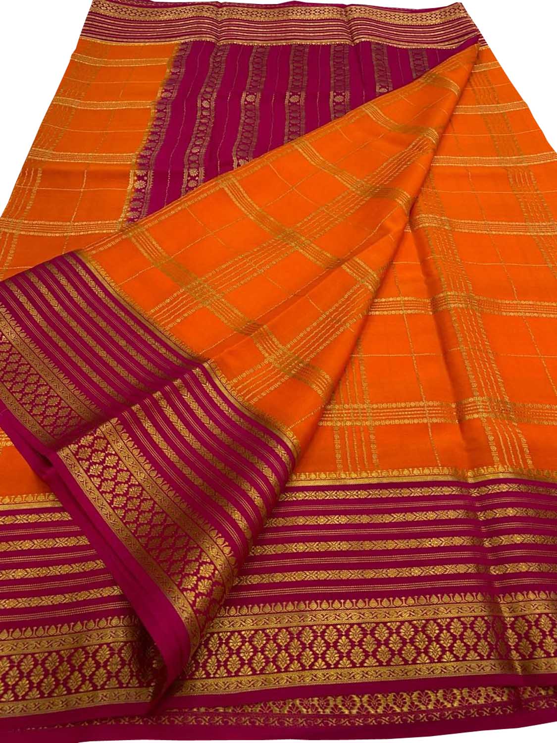Orange Handloom Mysore Crepe Silk Saree - Luxurion World