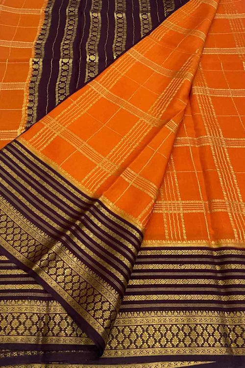 Orange Handloom Mysore Crepe Silk Saree - Luxurion World