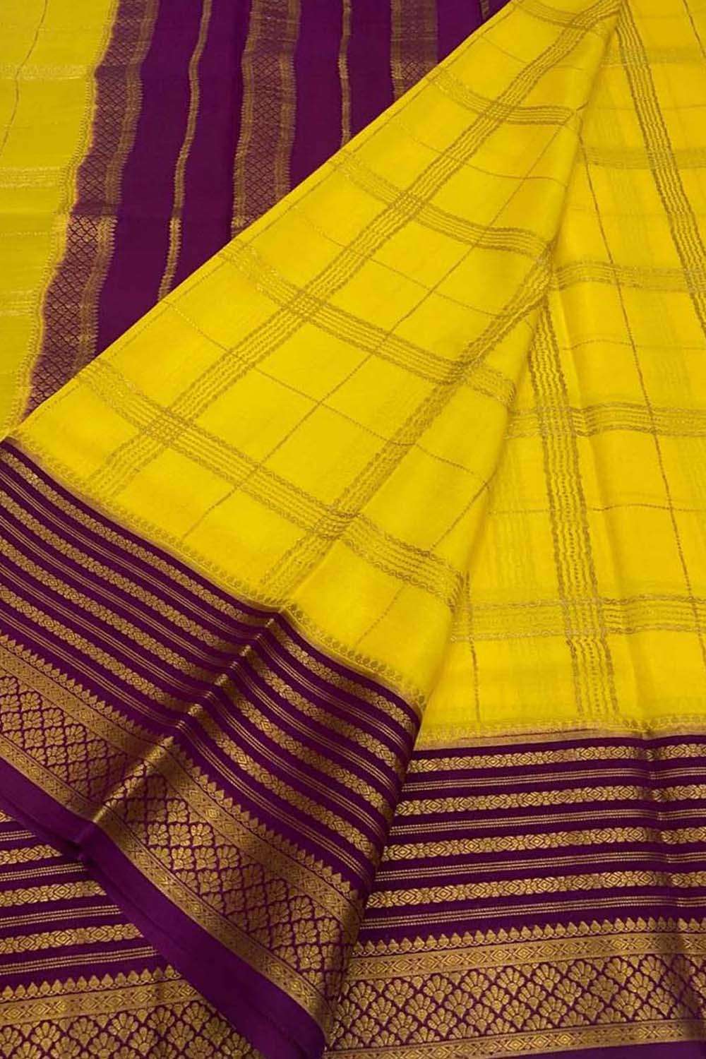 Yellow Handloom Mysore Pure Crepe Silk Saree - Luxurion World