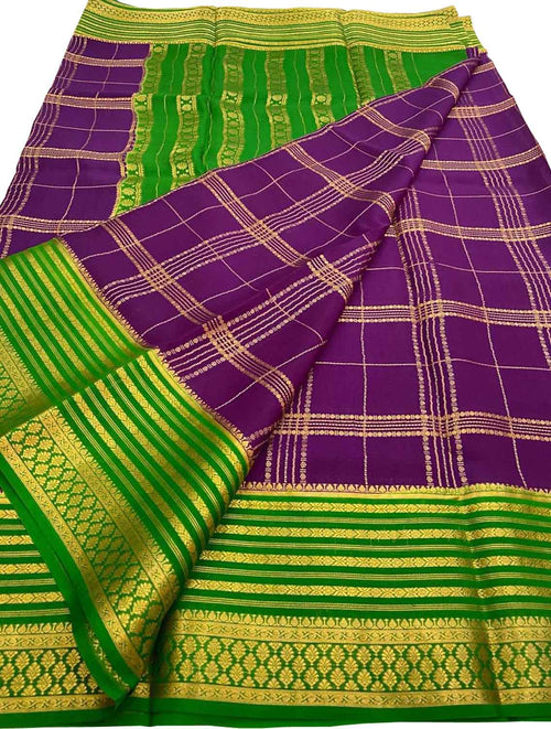 Exquisite Purple Handloom Mysore Pure Crepe Silk Saree - Luxurion World